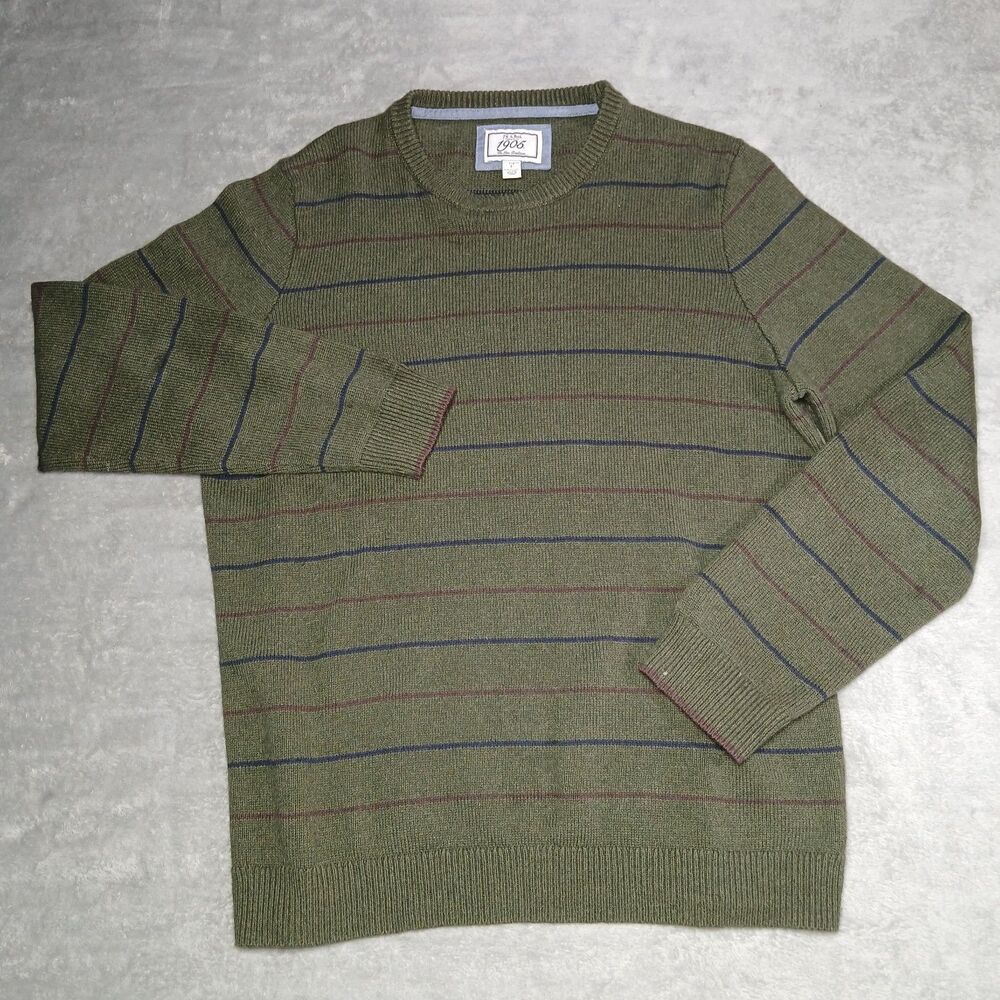 Jos A Bank Mens L Large Olive Striped Cotton Wool Knit Sweater Grandad Gorpcore